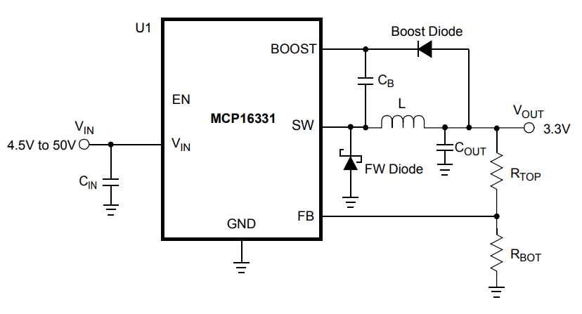 Application Circuit Diagram - Microchip Technology MCP16331 Non-Synchronous Buck Regulator
